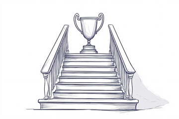minimalist line art showing a trophy atop pyramid-shaped steps symbolizing success and achievement on a clean white background
