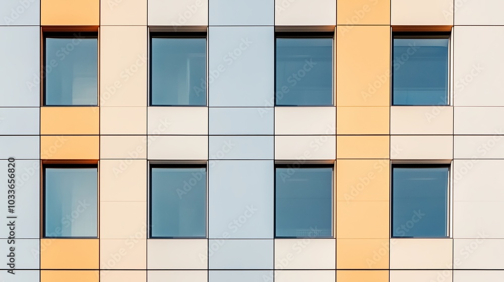 Poster colorful geometric facade of a modern building with a repeating window pattern in bright daylight