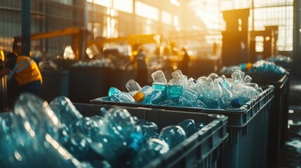 Workers sort through bins full of discarded plastic bottles. Sorting garbage.