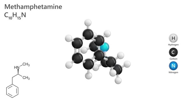Methamphetamine. A detailed 3d model of molecule. Drug. Molecular formula: C10H15N. Chemical model: Ball and Stick. White background. 3D rendering. Seamless loop