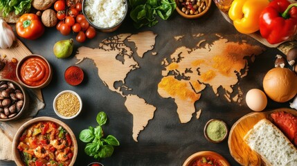 A vibrant scene of international cuisine displayed on a table with a world map, highlighting food from different cultures around the globe.