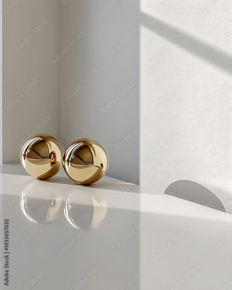 Poster two shiny gold knobs reflect light on a smooth white surface, creating an elegant and minimalist aes