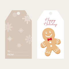 Printable christmas tag labels with front and back sides. Vector illustration of christmas tag with gingerbread on the front side and snowflakes on the back side in flat style.