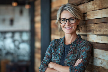 Fototapeta premium Smiling mid adult businesswoman with arms crossed