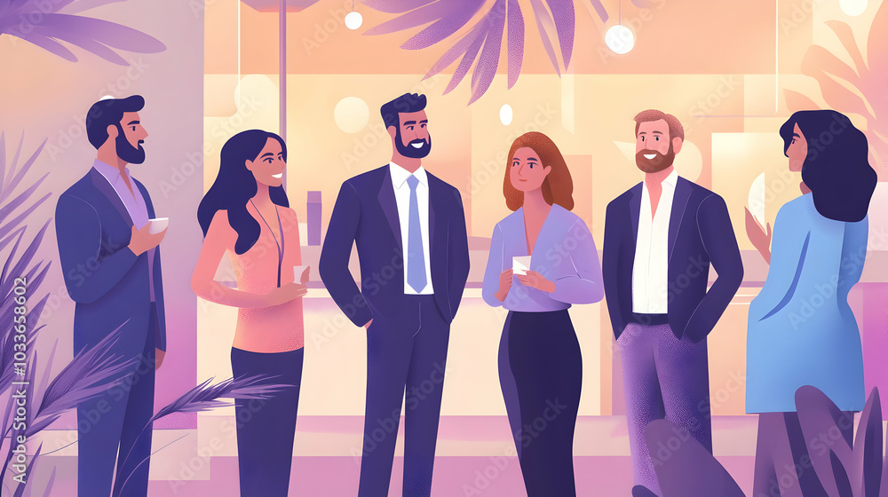 Poster 1. a gathering of colleagues engaging in conversation at a professional networking event.