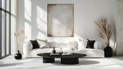 Modern minimalist living room with white sofa, black coffee table, and decor