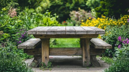 Naklejka premium A wooden table set in a tranquil garden, surrounded by green plants and summer flowers. The perfect setting for summer-themed ads or product displays.