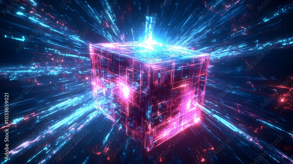 Poster a glowing neon cube in cyberspace with radiant energy lines, evoking a futuristic and digital techno