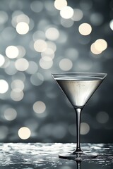 A stylish martini glass filled with a clear drink, set against a blurred backdrop of shimmering lights.