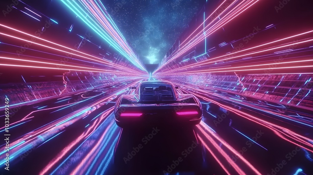 Poster a futuristic car speeding through a tunnel of neon lights, creating a dynamic, high-tech, cyberpunk 