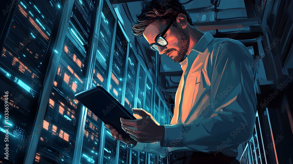 Aufkleber a man using a tablet to monitor the server room, focusing on technology and networks. -