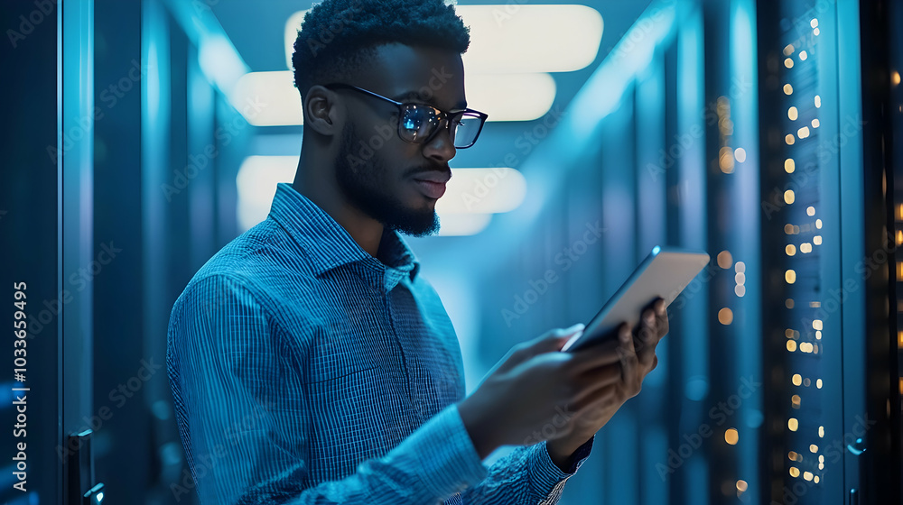 Poster a person operating a tablet to monitor the server room, directing attention towards technological ad