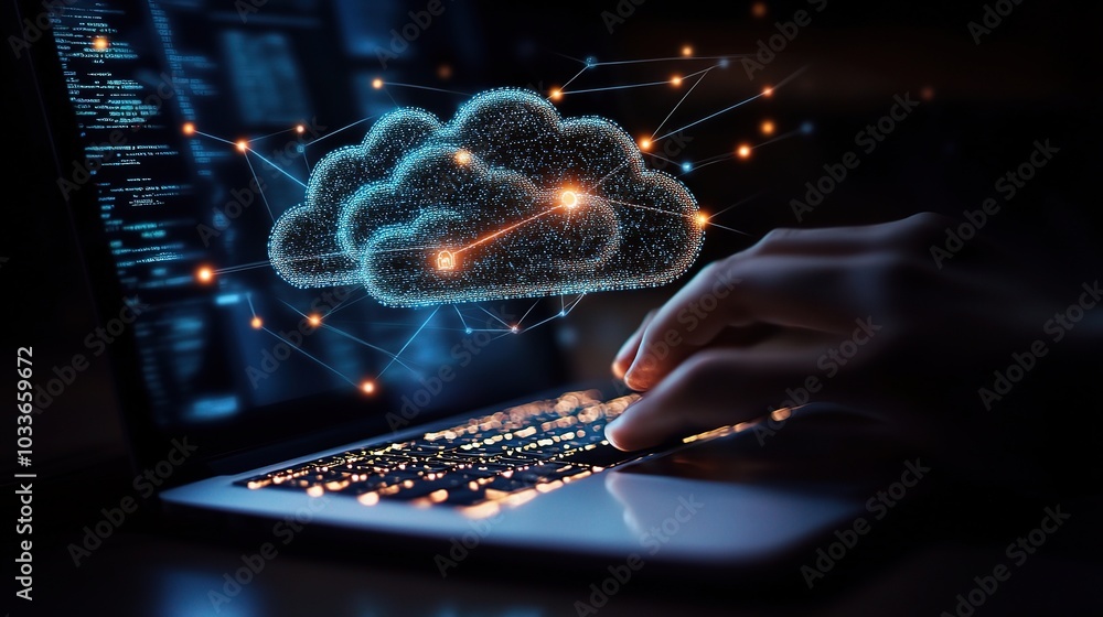 Poster digital cloud computing concept on laptop display
