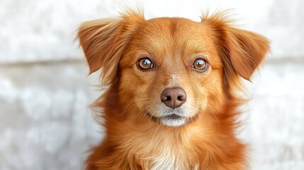 Fototapeta premium Playful dog sitting against white background, charming and full of personality. Expressive eyes and inviting fur texture for animal lovers