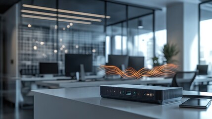 Sleek router sits on a modern office desk, surrounded by a vibrant workspace. Waves of connectivity emanate from it, symbolizing fast internet and seamless communication in a professional environment.