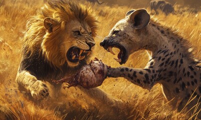 Obraz premium Lion and hyena fighting over carcass.