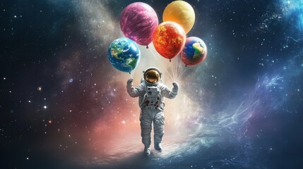 Fototapeta premium An astronaut surrounded by a dark galaxy, holding balloons designed like Earth, Mars, and Jupiter, adding color to space.