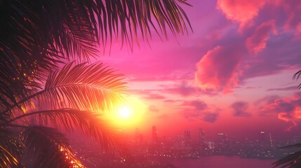 A stunning tropical sunset with a large sun setting behind a city skyline, reflected over calm water with palm trees in the foreground..
