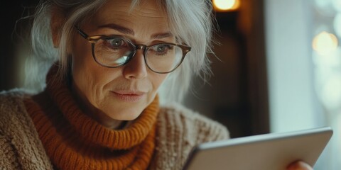 Woman engrossed in tablet, deep in thought