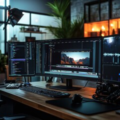 Fototapeta premium Video editing process in studio