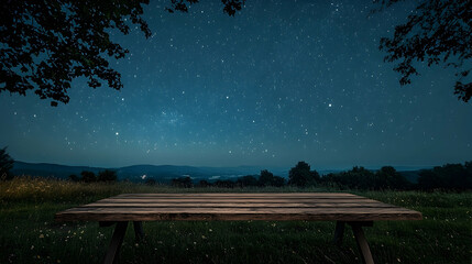 A charming wooden table set beneath a star-filled night sky, establishing a serene atmosphere for an outdoor gathering.