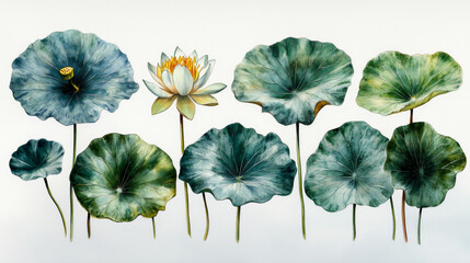 Watercolor Set of Lotus Leaves on an Isolated White Background