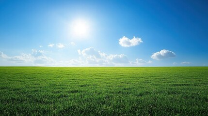 Fototapeta premium Beautiful green field with a wide, clear blue sky. Perfect for showcasing Earth's natural beauty with space for adding text or promotional content.