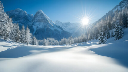 Obraz premium A snowy winter landscape with towering mountains and bright sunshine. -