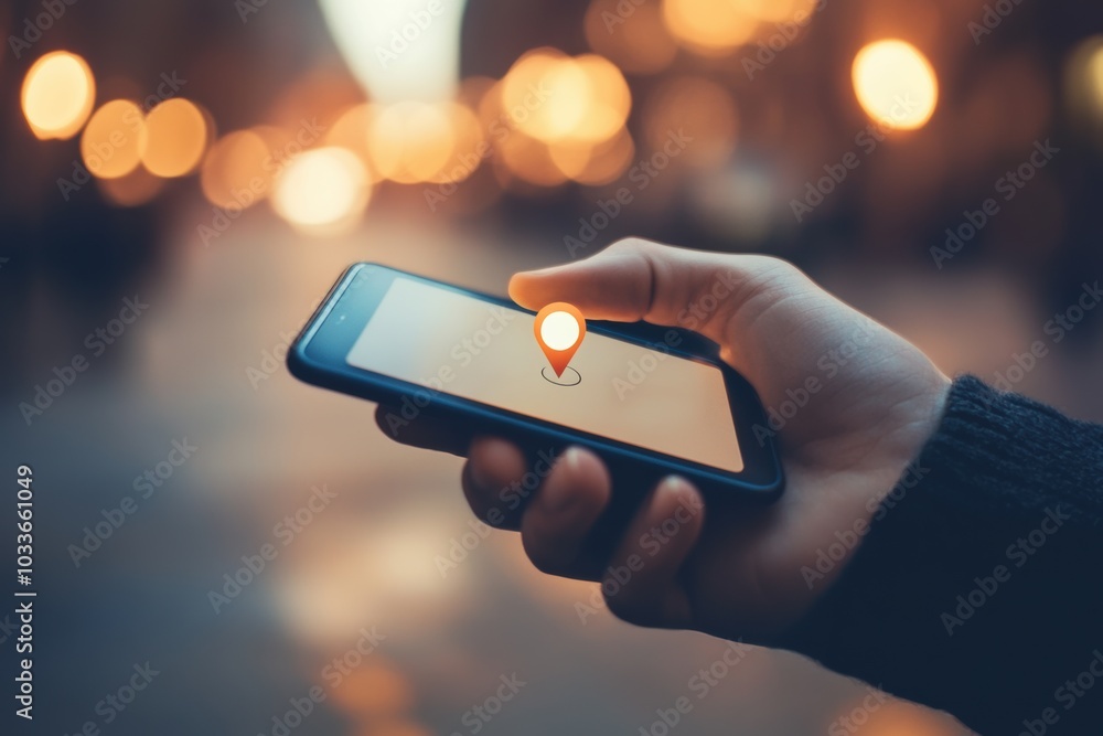 Poster a hand grips a smartphone with a location pin shown on the screen, capturing the vibrant atmosphere 