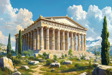 The Temple of Artemis, an ancient wonder of the world, renowned for its magnificent architecture and cultural significance. This grand temple, dedicated to the goddess Artemis, features intricate colu