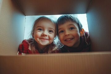 Children with gift boxes, Holiday eve, Christmas concept.