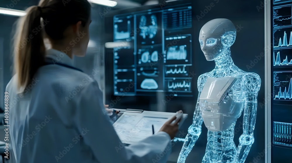 Poster a female scientist in a lab examines a translucent robot with glowing blue lines on a monitor.