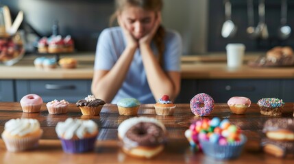 Sad person surrounded by sugary foods, reflecting the struggle between indulgence and emotional well-being, highlighting the complexities of comfort and self-care.