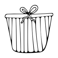Cute hand drawn stripes gift box with bow for New Year, Xmas, Easter, birthday. Black line doodle vector clipart for greeting cards, posters, stickers, coloring and design. Isolated on white back.
