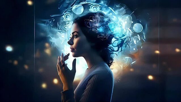 Video of woman in profile with abstract elements surrounding her head, dark background, concept of creativity and imagination, emotional intelligence.