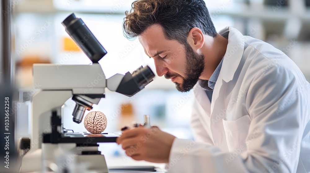 Poster scientist examining a brain model under a microscope
