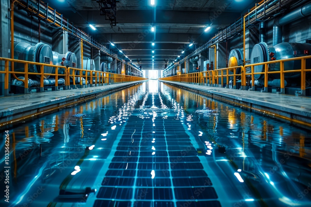 Poster image of a desalination plant with reflective solar panels creating a shimmering effect, emphasizing