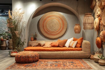 Interior design of ethno style living room with rattan furniture, daybed, pouf, hanging decoration on the wall, lamp and elegant personal accessories, Generative AI