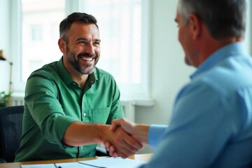 Smiling middle aged business man handshaking partner making partnership collaboration agreement at office meeting, hr manager and new worker shake hands recruiting at job interview