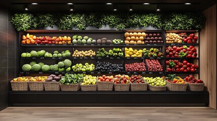 Colorful display of fresh fruits and vegetables.