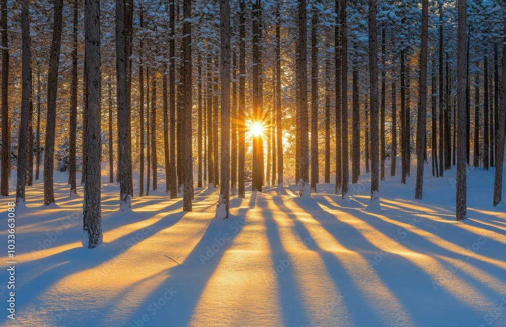 Poster the sun shines through the trees in an endless pine forest, casting long shadows on the snow-covered