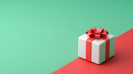 3D Christmas Gift Box with Red Ribbon and Green Background