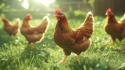 Fototapeta premium chickens walking on the grass in an open-air farm