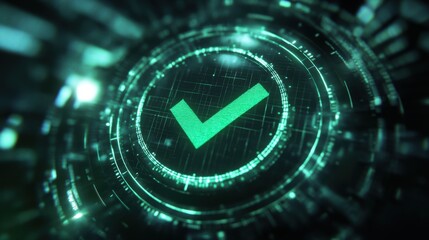 A circular emblem featuring a green check mark, symbolizing success and approval