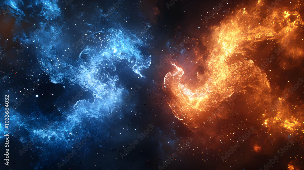 Poster abstract collision of fire and ice creating a dramatic visual of opposing forces -