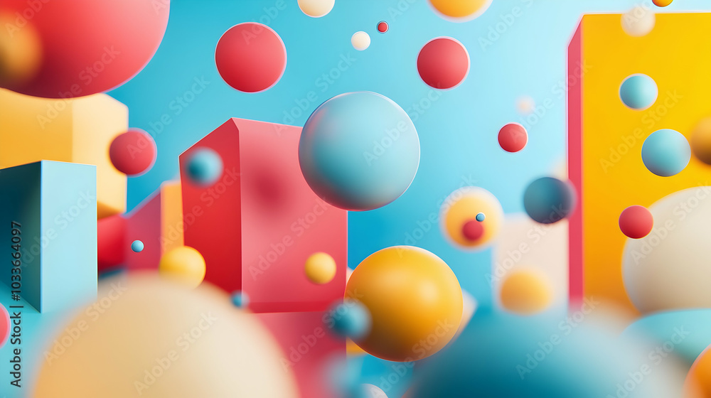 Poster abstract composition of colorful geometric shapes and floating spheres, showcasing playful modern de