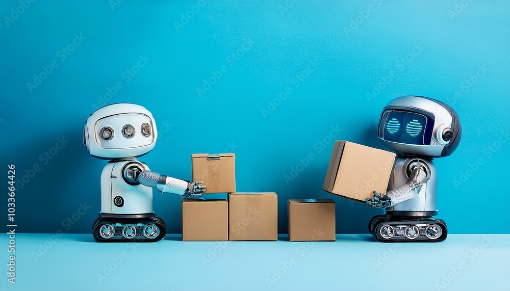 Poster automated efficiency: two friendly robots collaborate seamlessly, handling cardboard boxes against a