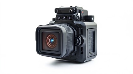 New 4K action camera in black color. Isolated white background. 
