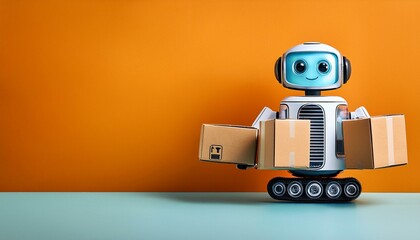 Obraz premium Friendly Robot Delivery: A friendly white robot with blue accents, holding two brown cardboard boxes, stands on a blue surface against an orange background.