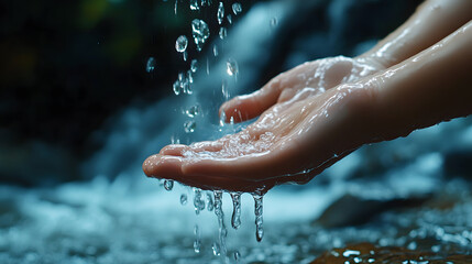 Fototapeta premium Close-up of a person's hand catching clear water droplets from a natural river. Water saving concept